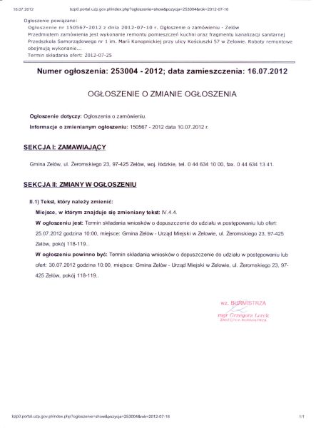 Ogłosenie o zmianie ogłoszenia