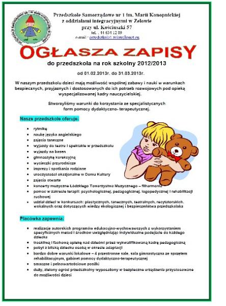 Zapisy na rok szkolny 2013/2014 w Przedszkolu Samorządowym nr 1 w Zelowie
