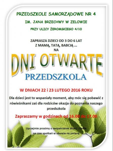 plakat Dni Otwarte w Przedszkolu nr 4