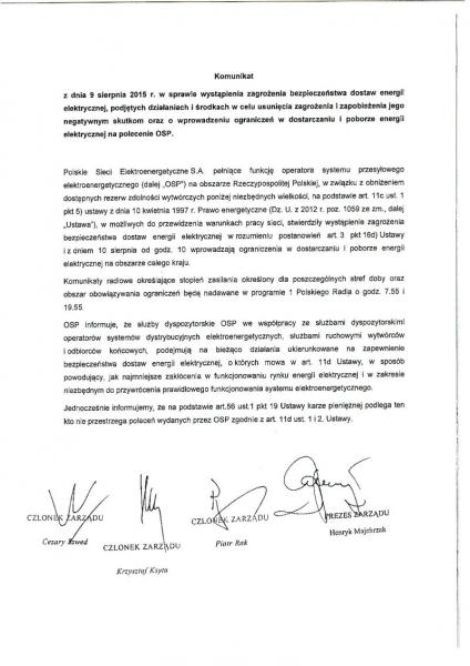 Komunikat - przerwy w prądzie